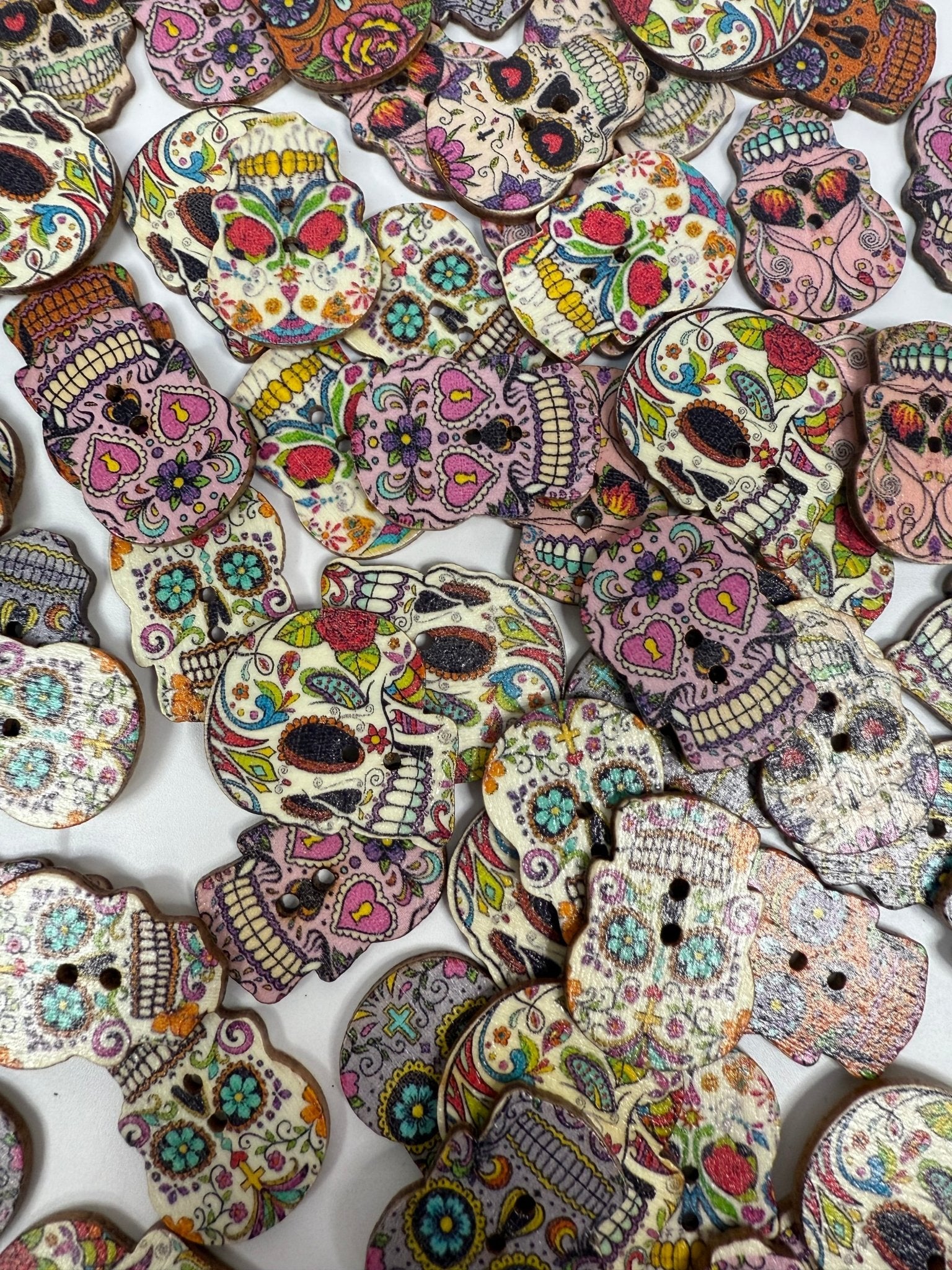 Skull Wooden Buttons Set of 5 Day of the Dead, Sugar Skull Minis Skelton Trinket Bulk Mini Objects - Speech and Smile