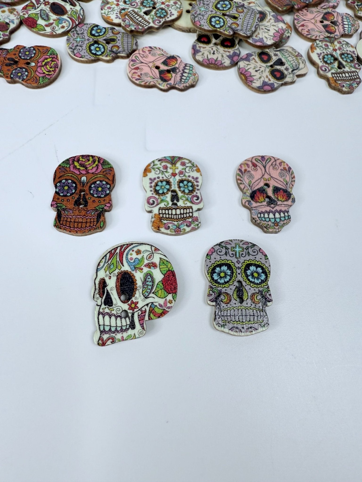 Skull Wooden Buttons Set of 5 Day of the Dead, Sugar Skull Minis Skelton Trinket Bulk Mini Objects - Speech and Smile