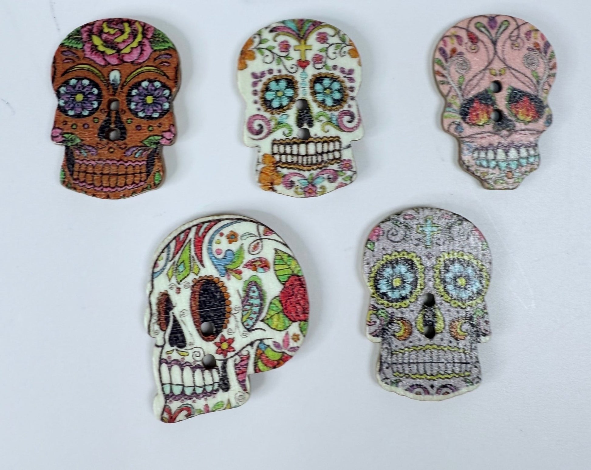 Skull Wooden Buttons Set of 5 Day of the Dead, Sugar Skull Minis Skelton Trinket Bulk Mini Objects - Speech and Smile