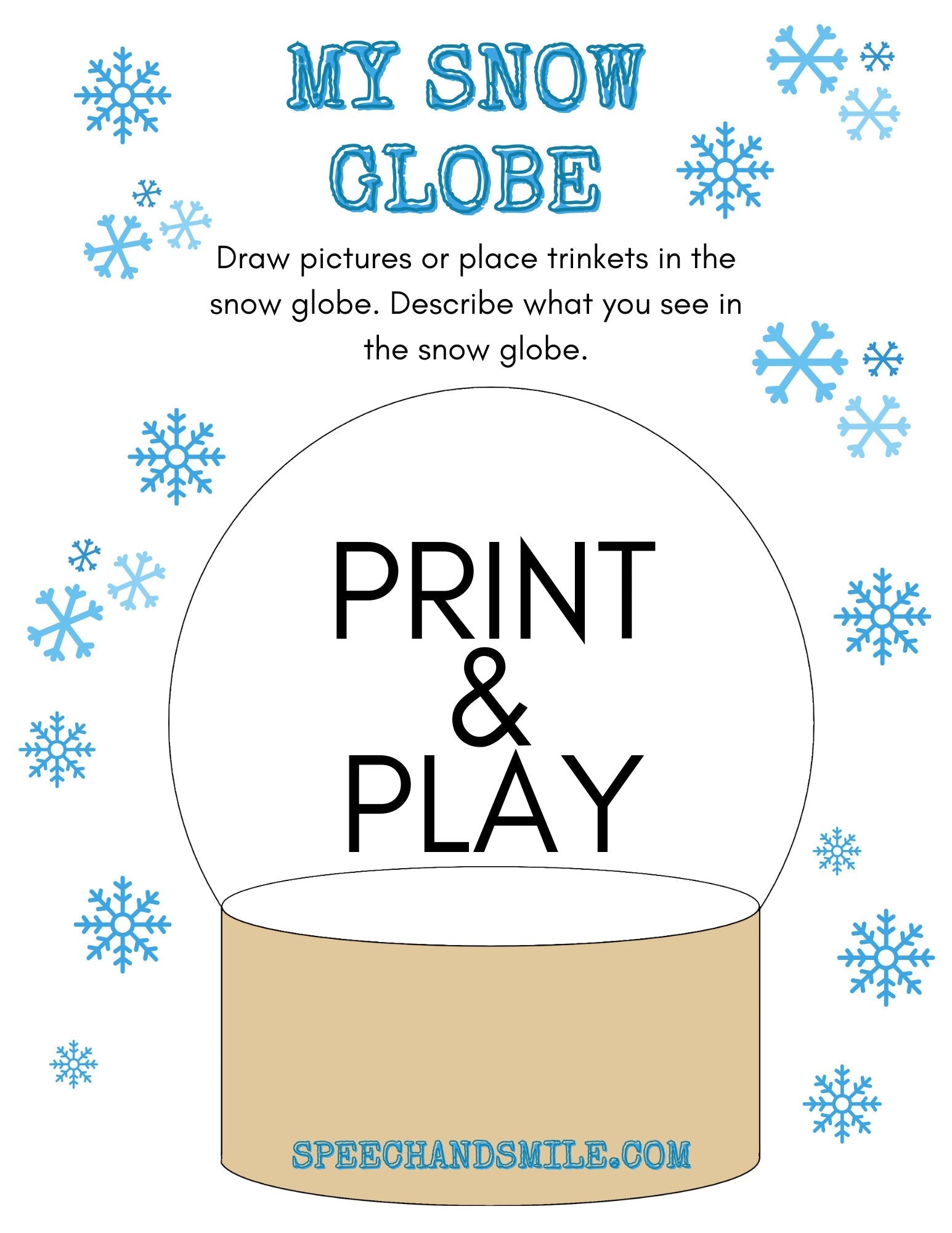 Snow globe Activity - Print and Play - Place trinkets on snow globe and describe - Speech Therapy Printables - Preschool Worksheet - Speech and Smile