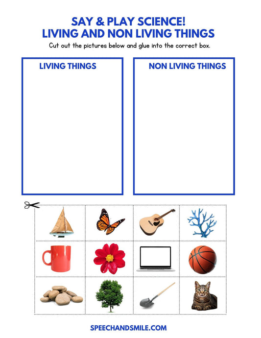 Sort Science - Say and Play Science - Preschool Science Printable - Shape Sorting Digital Download Preschool Worksheet for Living and Non Living - Speech and Smile