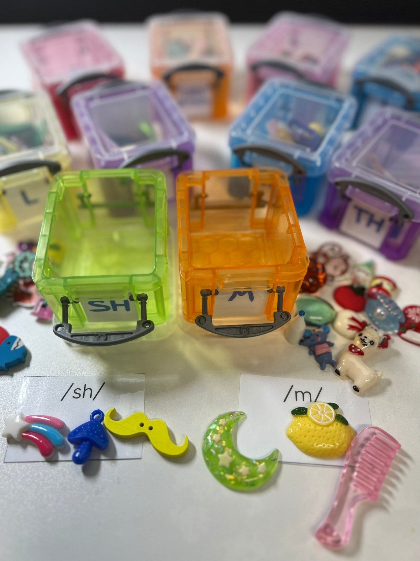 Speech Sound Mini Object Boxes - INDIVIDUAL Boxes Trinkets for Articulation - Speech Therapy Trinkets - Speech Sound Objects - Montessori Miniatures - Speech and Smile