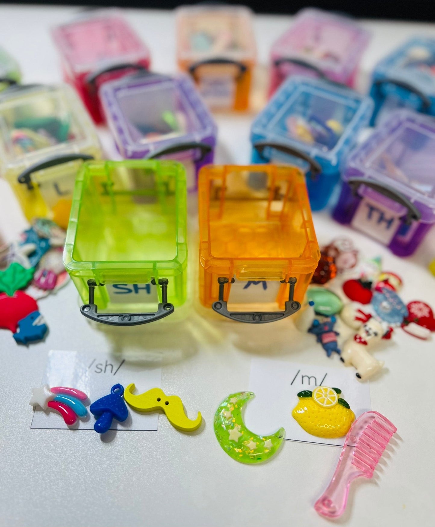 Speech Sound Mini Object Boxes - INDIVIDUAL Boxes Trinkets for Articulation - Speech Therapy Trinkets - Speech Sound Objects - Montessori Miniatures - Speech and Smile