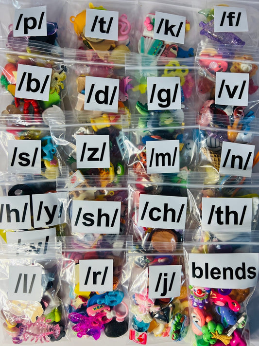 Speech Therapy Mini Objects Set ALL sounds included Articulation Trinkets IN BAGS Say and Play Mini Objects Doodads for Speech Therapy - Speech and Smile