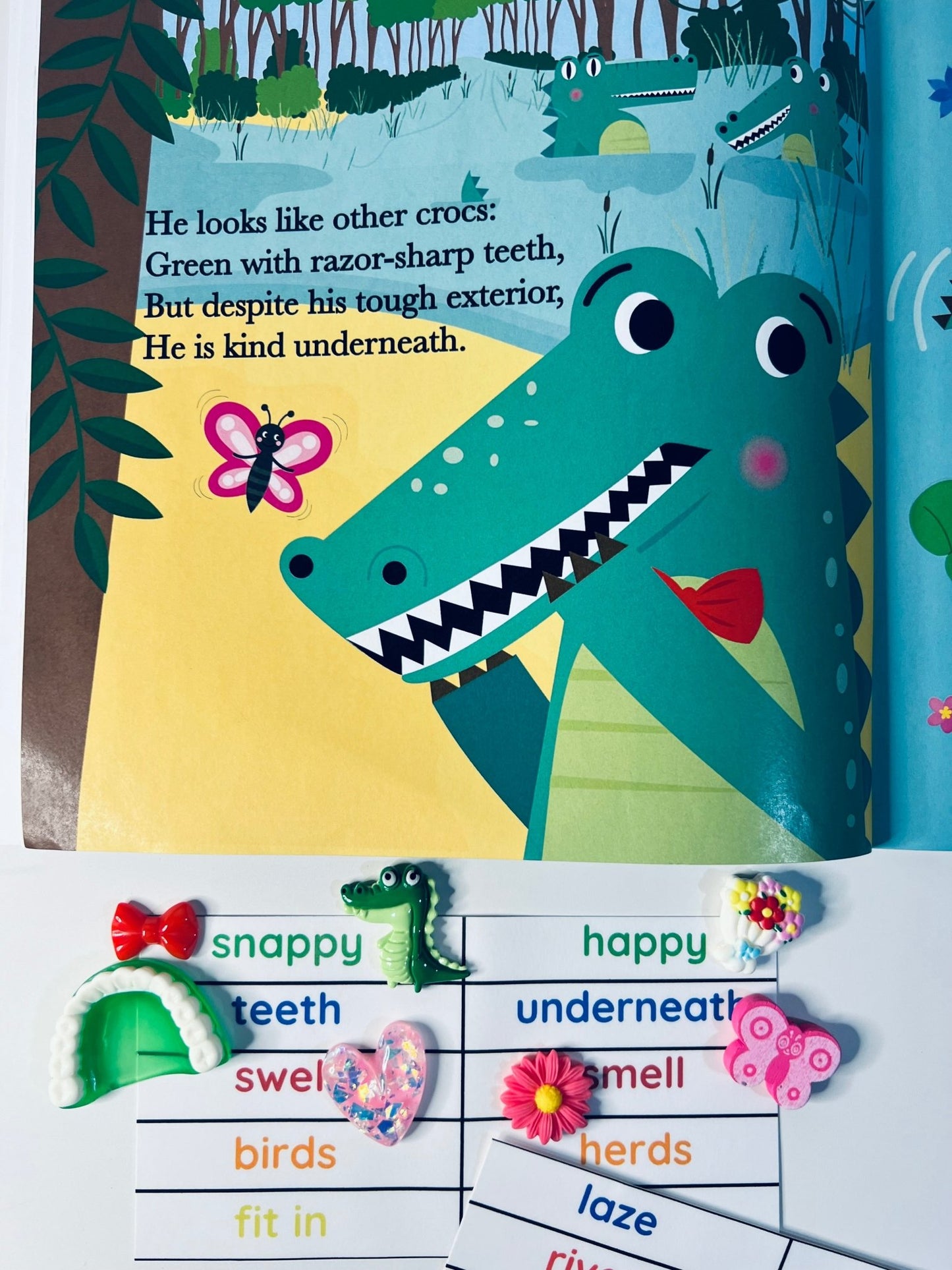 Story Kit (book included) for Crosby the Not so Snappy Crocodile Say and Play Mini Objects Speech Therapy Book About Differences - Speech and Smile