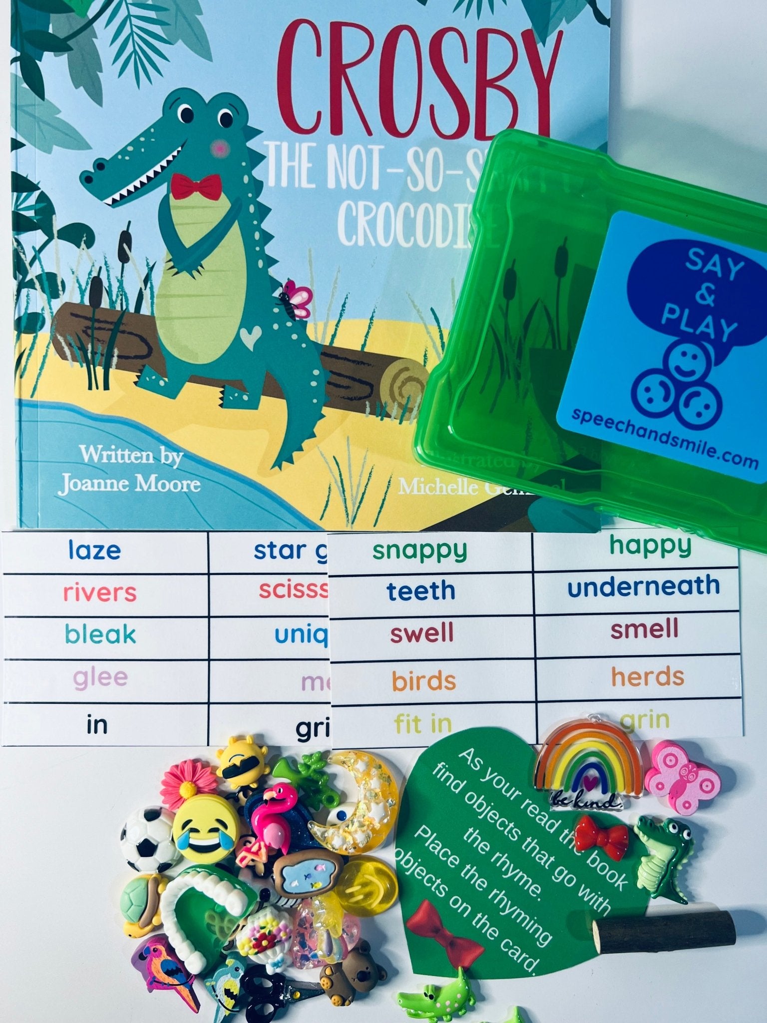 Story Kit (book included) for Crosby the Not so Snappy Crocodile Say and Play Mini Objects Speech Therapy Book About Differences - Speech and Smile