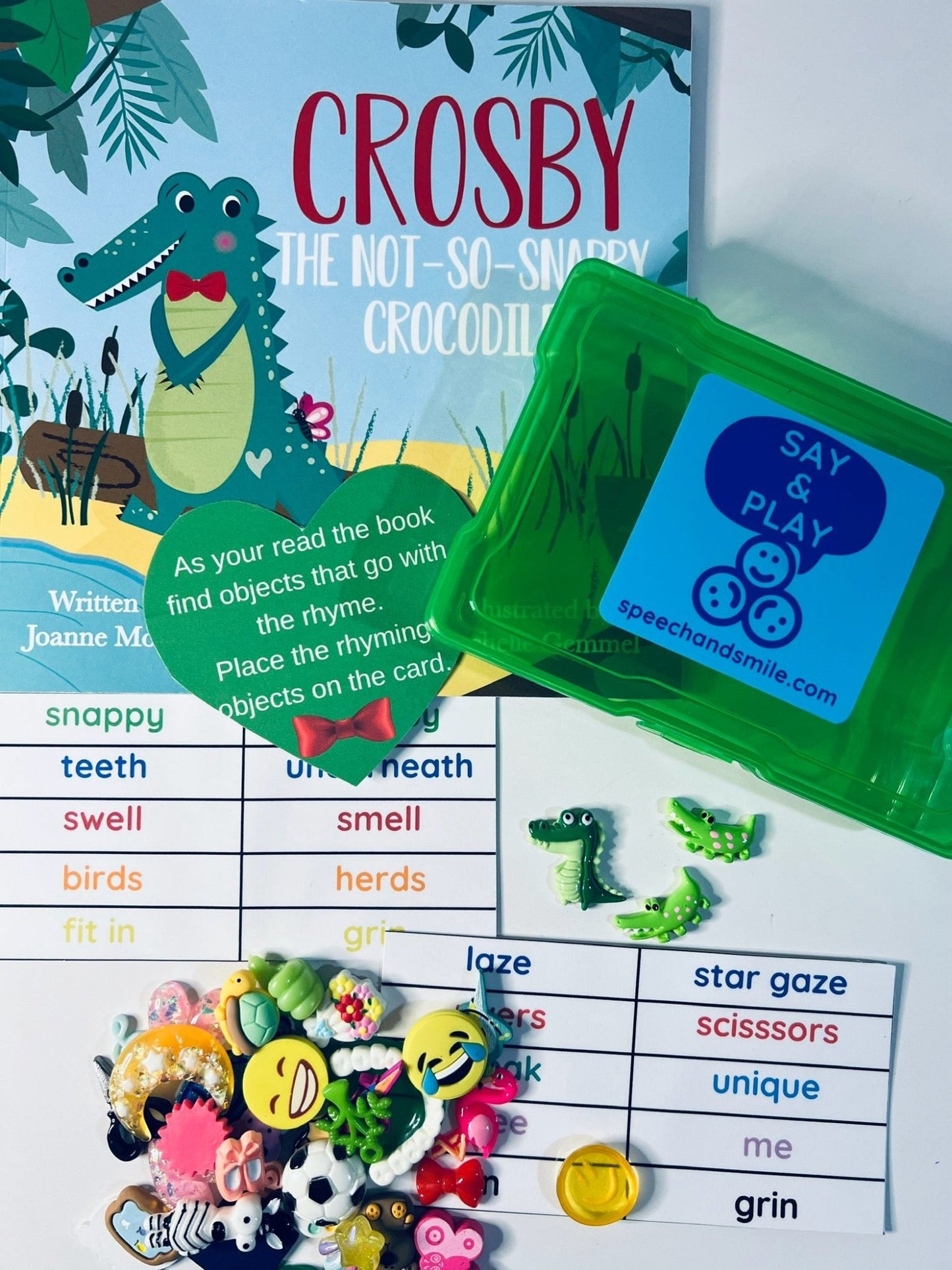 Story Kit (book included) for Crosby the Not so Snappy Crocodile Say and Play Mini Objects Speech Therapy Book About Differences - Speech and Smile