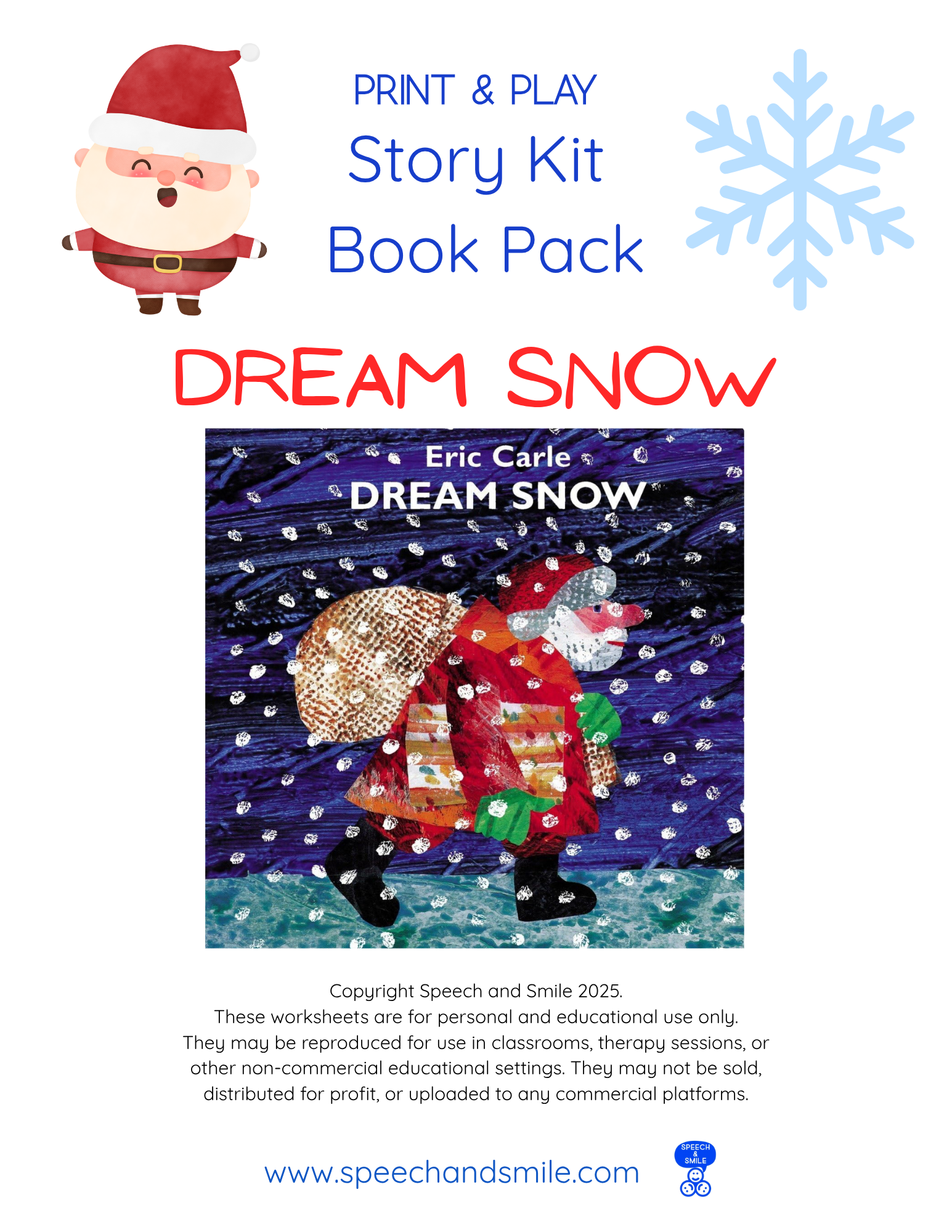 Story Kit Companion Pack - DREAM SNOW Printable Activities Instant Download Book Extension - Speech and Smile