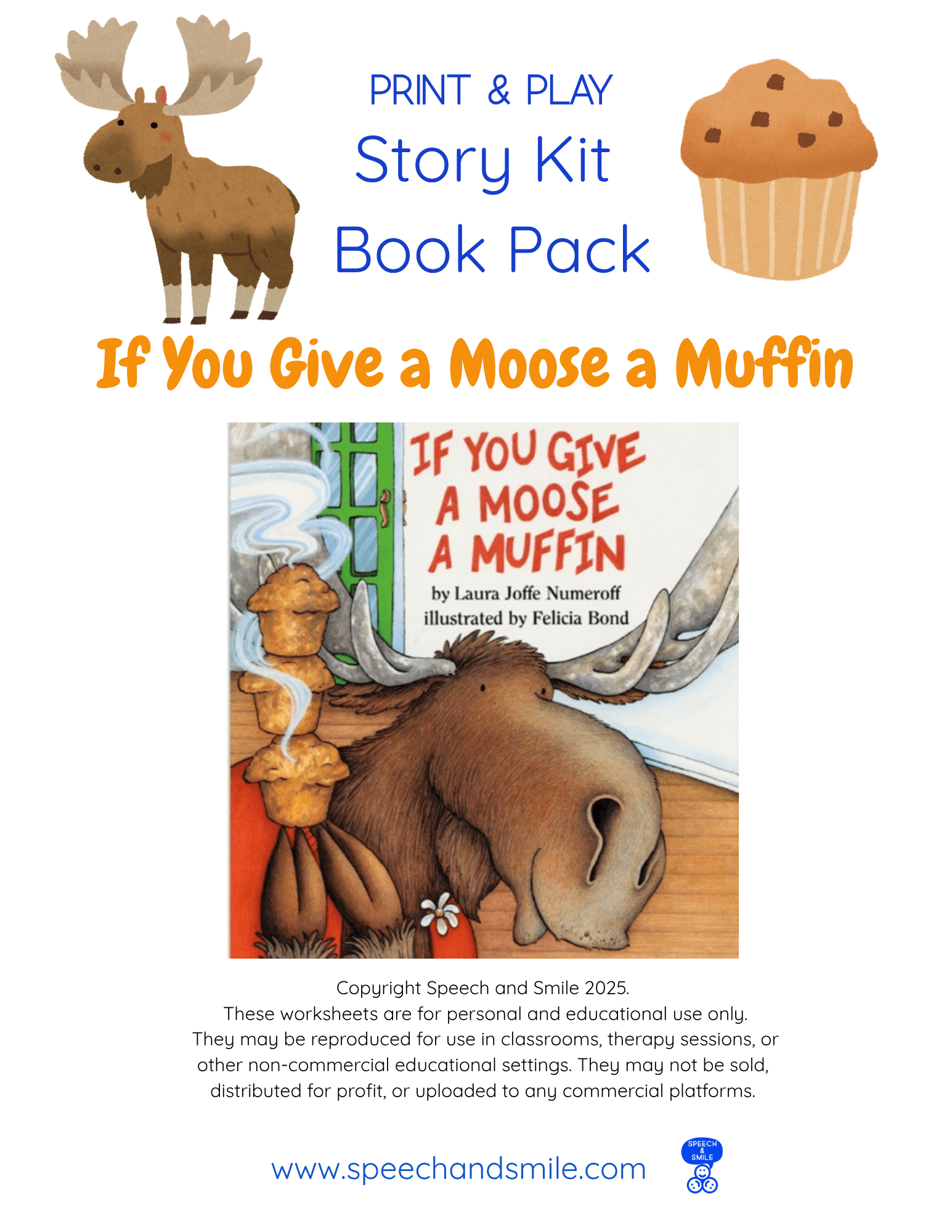 Story Kit Companion Pack - If you Give a Moose a Muffin - PRINTABLE ACTIVITIES Instant Download Book Extension - Speech and Smile