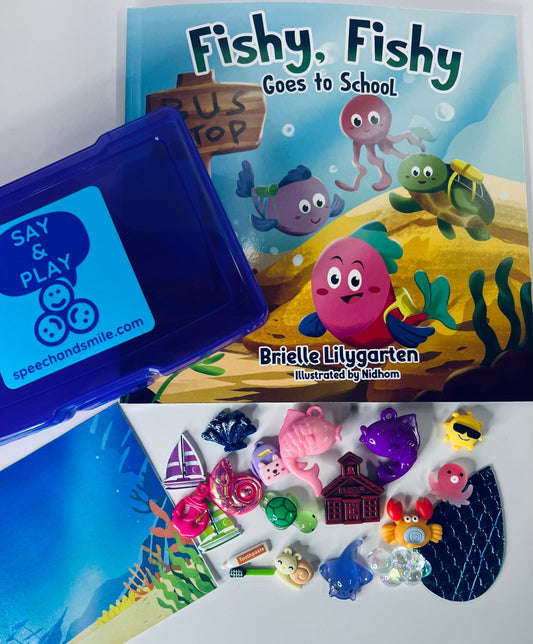 Story Kit Mini Objects for Fishy Fishy Goes to School – INCLUDES BOOK Preschool Rhyme – Ocean Theme Speech Therapy - Speech and Smile