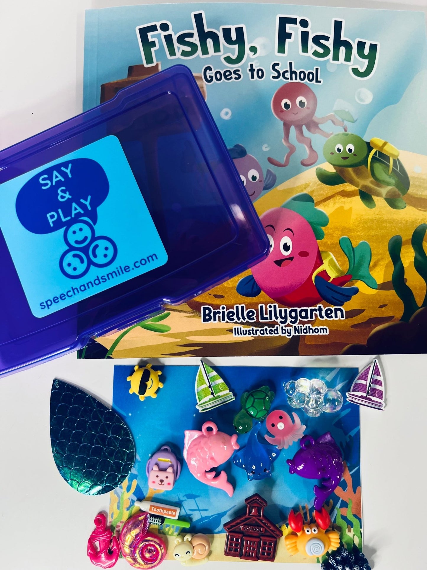 Story Kit Mini Objects for Fishy Fishy Goes to School – INCLUDES BOOK Preschool Rhyme – Ocean Theme Speech Therapy - Speech and Smile