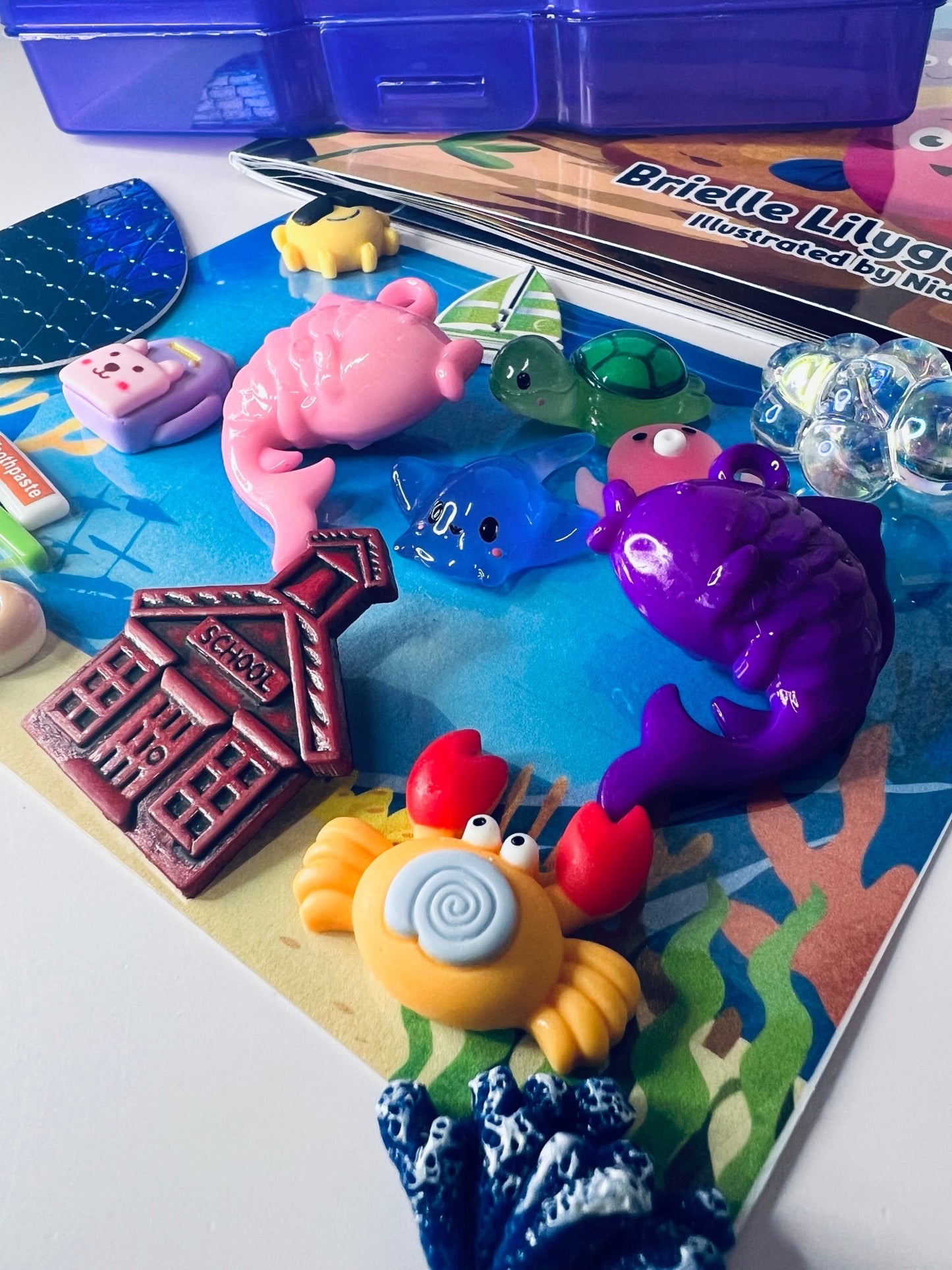 Story Kit Mini Objects for Fishy Fishy Goes to School – INCLUDES BOOK Preschool Rhyme – Ocean Theme Speech Therapy - Speech and Smile