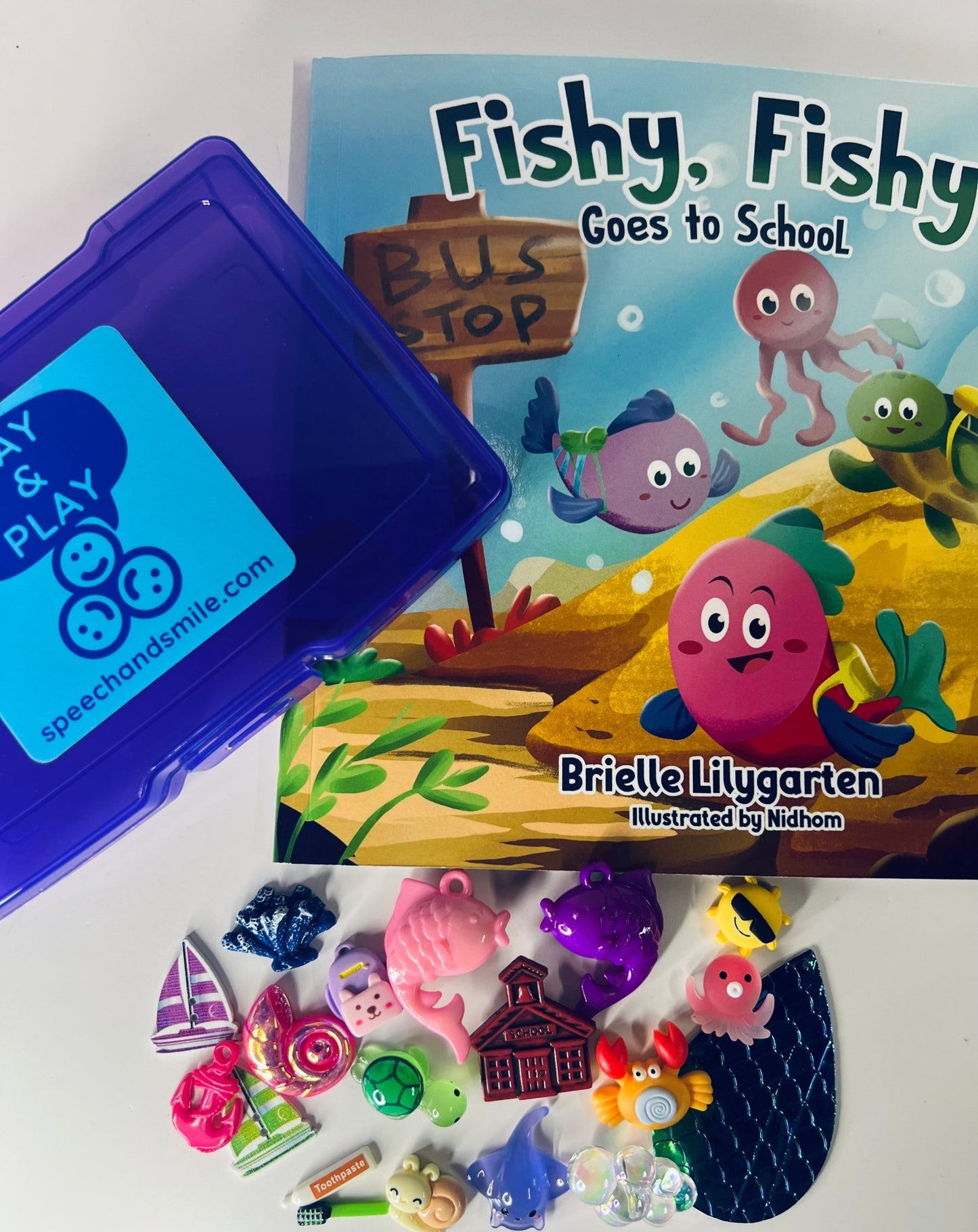 Story Kit Mini Objects for Fishy Fishy Goes to School – INCLUDES BOOK Preschool Rhyme – Ocean Theme Speech Therapy - Speech and Smile