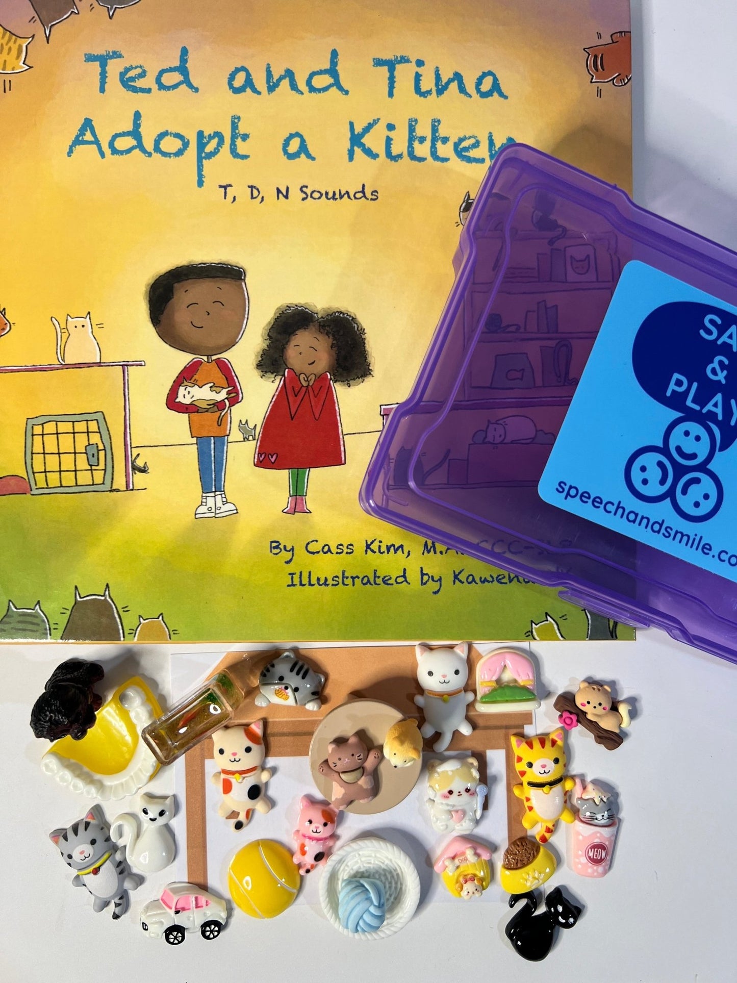 Story Kit Speech Therapy Early Sounds Mini Objects for Speech Therapy Ted and Tina Adopt a Kitten Articulation Miniature Objects - Speech and Smile