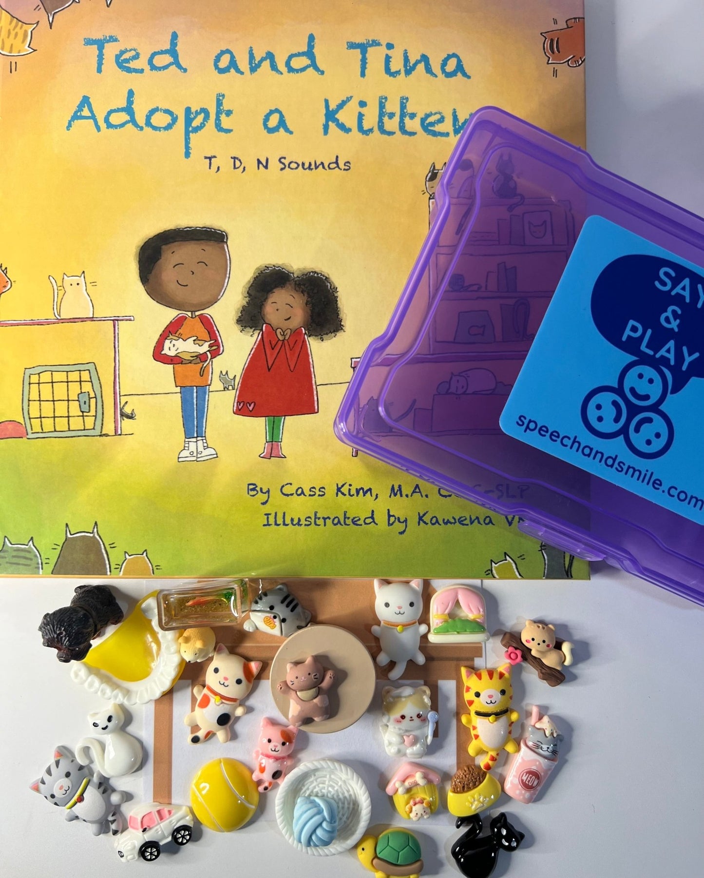 Story Kit Speech Therapy Early Sounds Mini Objects for Speech Therapy Ted and Tina Adopt a Kitten Articulation Miniature Objects - Speech and Smile