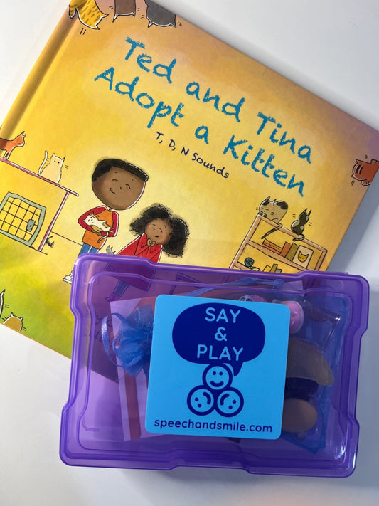 Story Kit Speech Therapy Early Sounds Mini Objects for Speech Therapy Ted and Tina Adopt a Kitten Articulation Miniature Objects - Speech and Smile