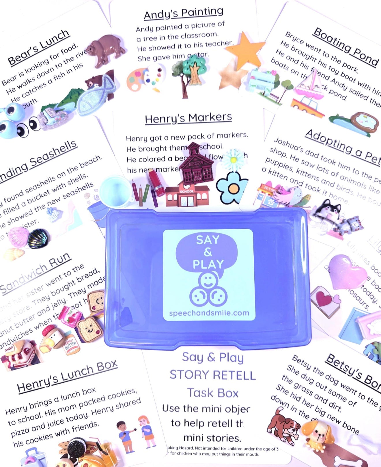 Story Recall Task Box with Mini Objects | Double - Sided Story Cards | Speech Therapy & Language Activity - Speech and Smile