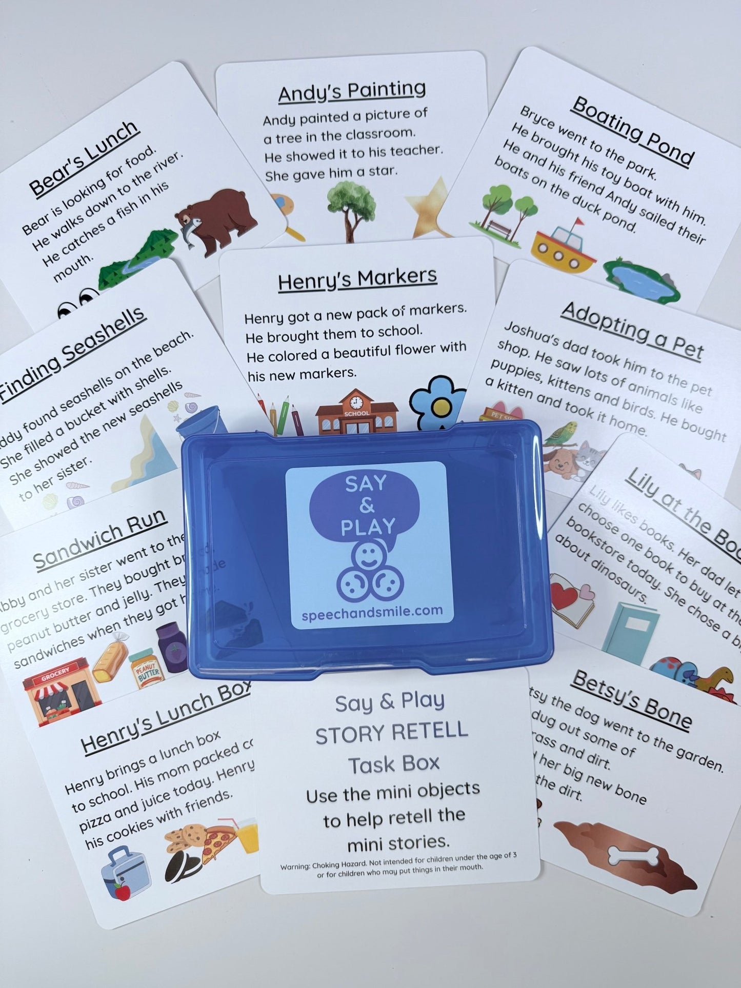 Story Recall Task Box with Mini Objects | Double - Sided Story Cards | Speech Therapy & Language Activity - Speech and Smile