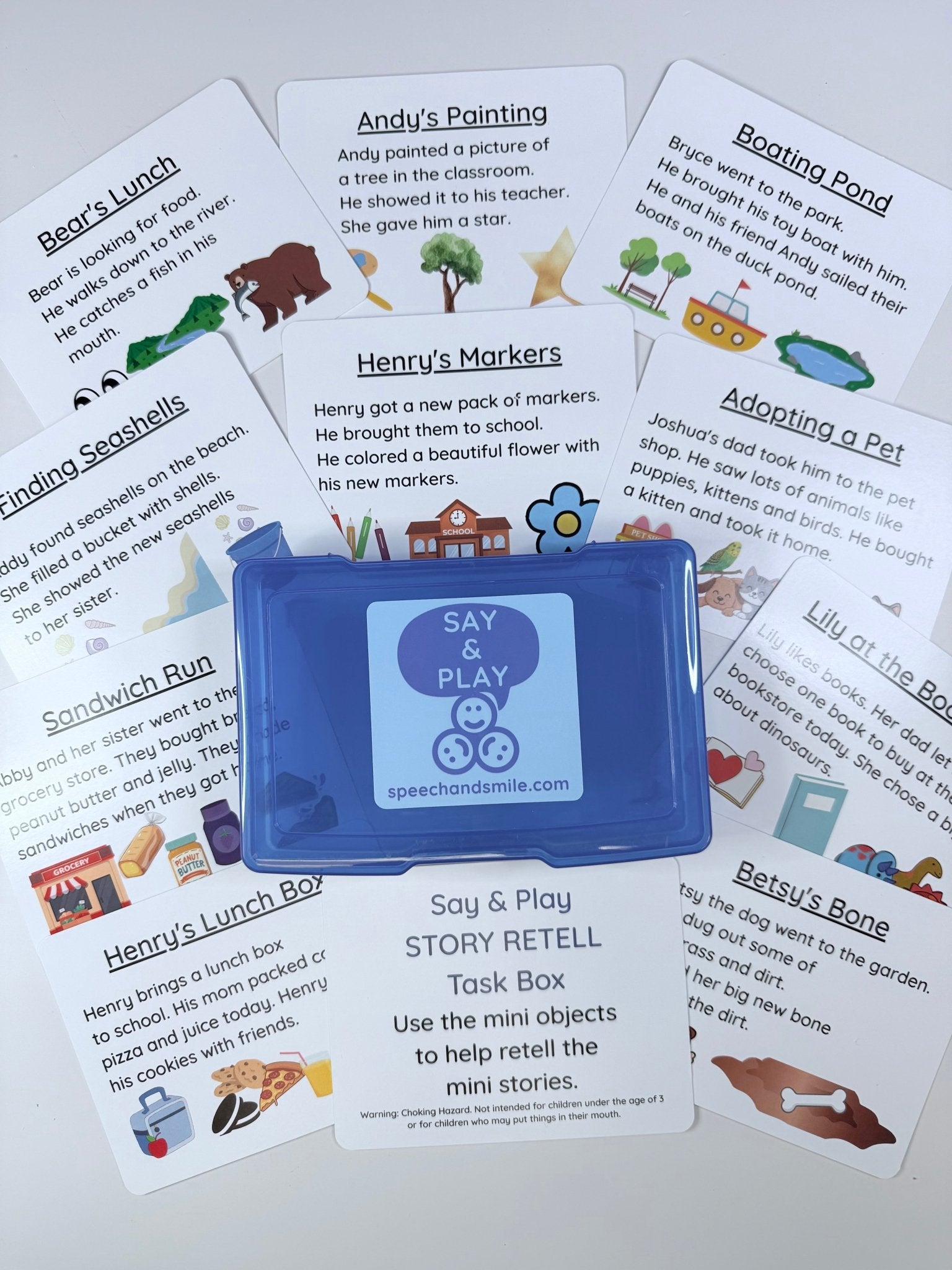 Story Recall Task Box with Mini Objects | Double - Sided Story Cards | Speech Therapy & Language Activity - Speech and Smile