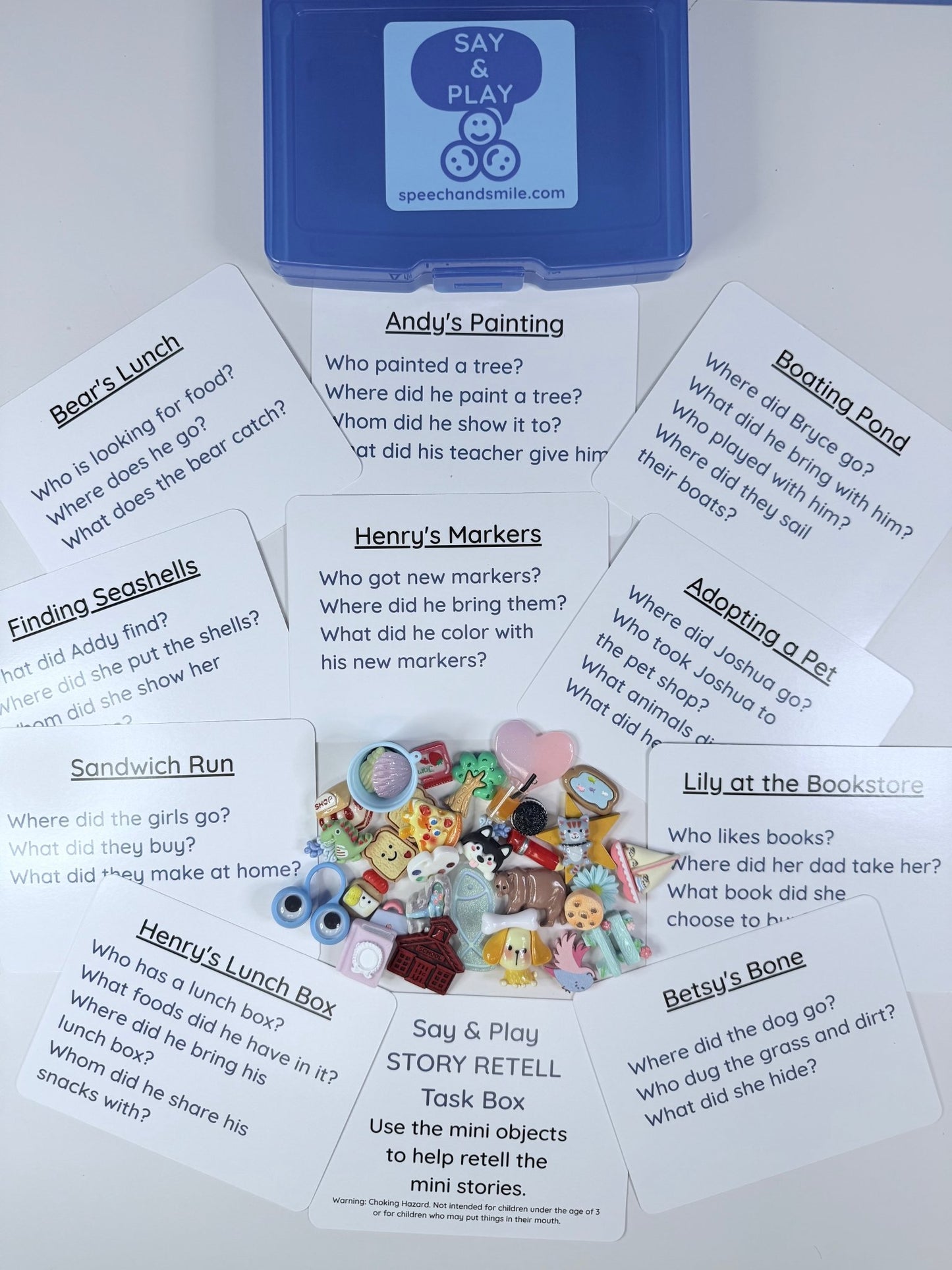 Story Recall Task Box with Mini Objects | Double - Sided Story Cards | Speech Therapy & Language Activity - Speech and Smile