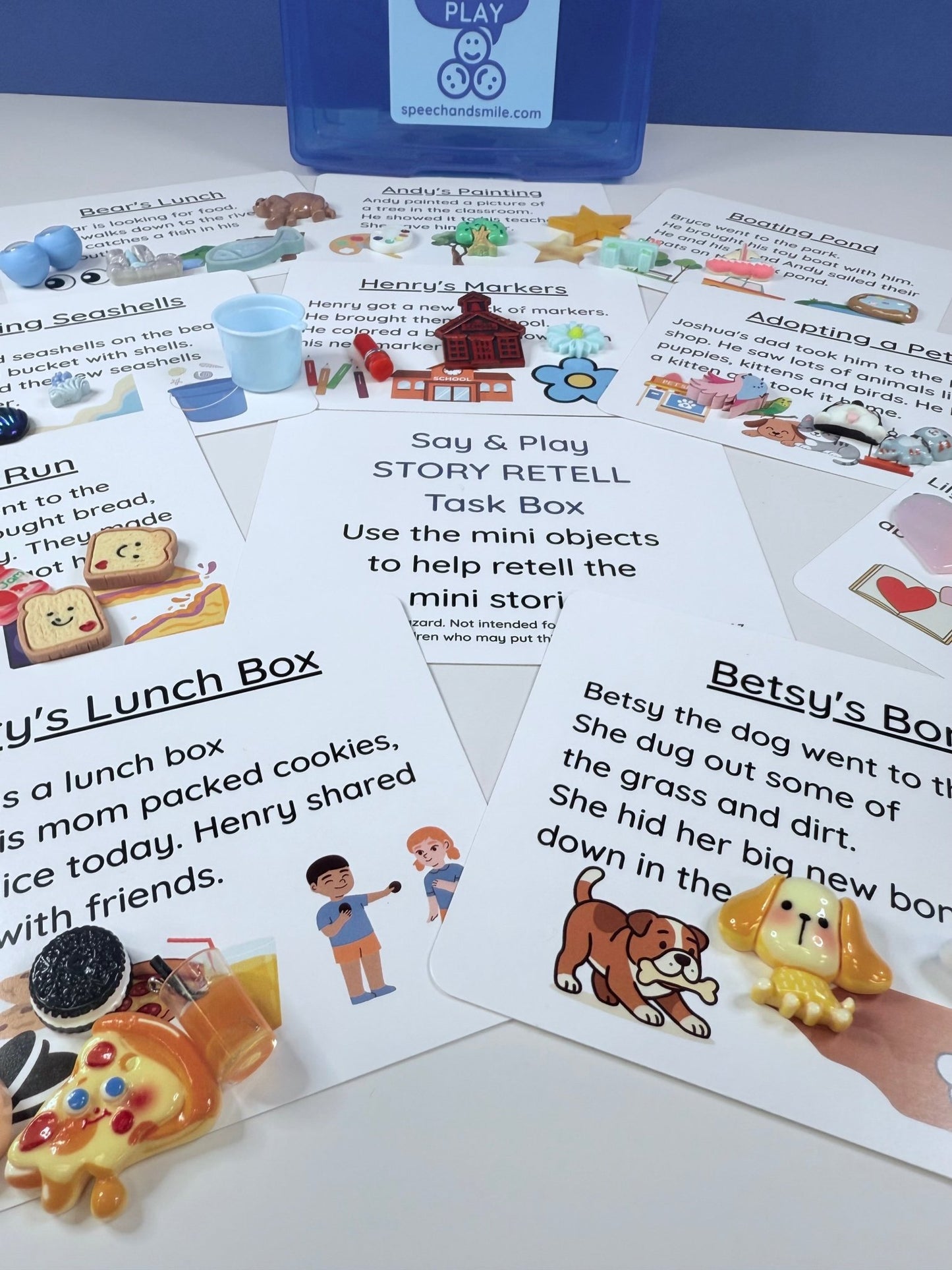 Story Recall Task Box with Mini Objects | Double - Sided Story Cards | Speech Therapy & Language Activity - Speech and Smile