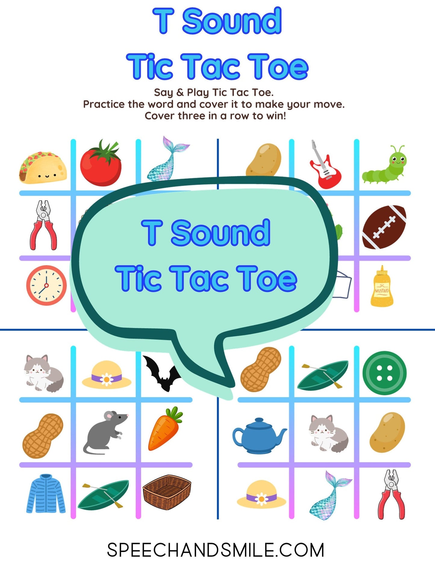 T Sound Tic - Tac - Toe PRINTABLE Speech Sounds Tic - Tac - Toe Print and Play with Speech Therapy Mini Objects - Speech and Smile