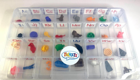 Talkets™ 32 Mini Objects Alphabet & Digraph Set with Labeled Storage Case | Speech Therapy Mini Object | Phonics Manipulatives - Speech and Smile