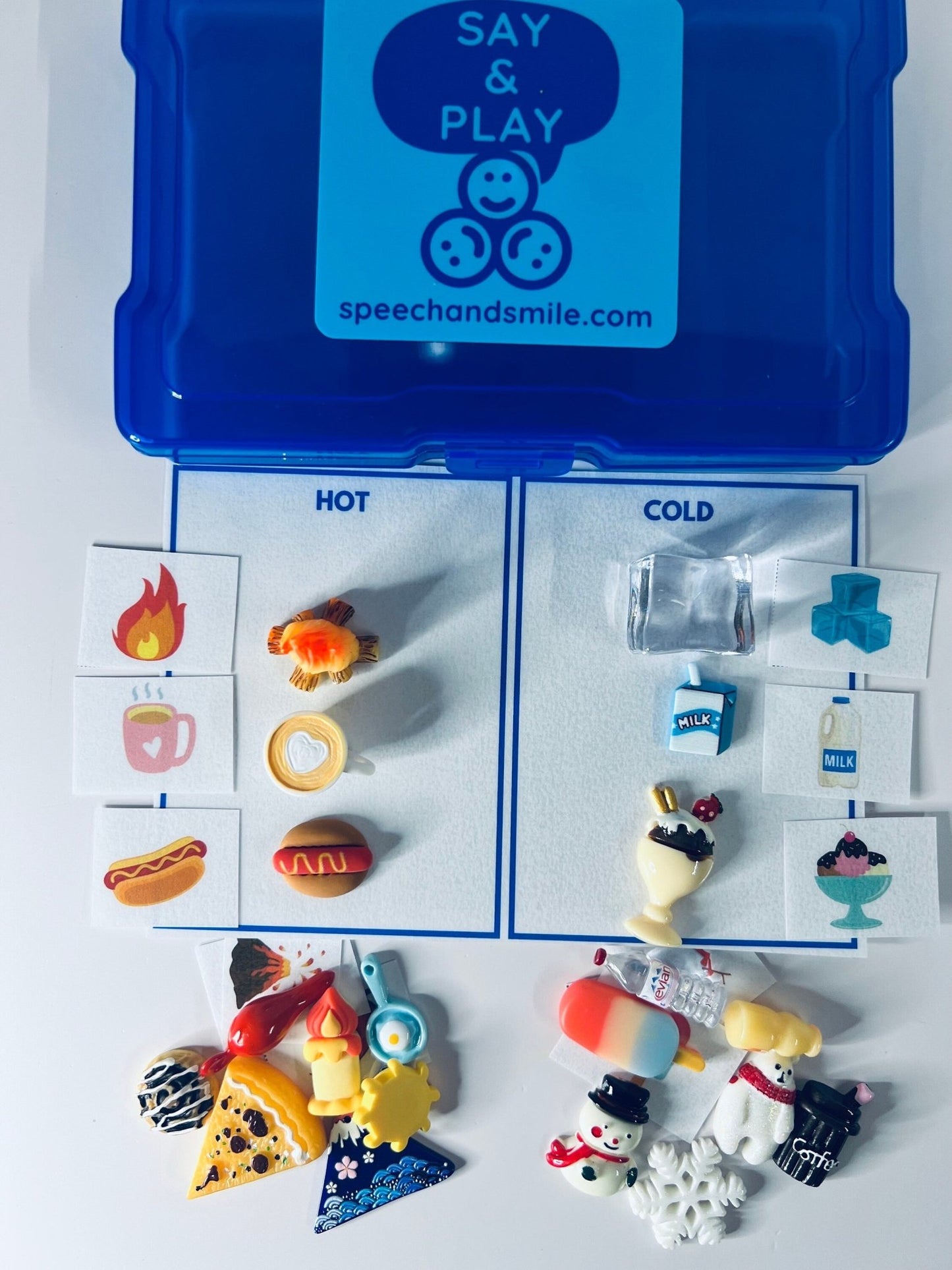 TEMPERATURE Preschool SCIENCE Sort Hot Cold Task Box with Mini Objects and Pictures - Miniature Objects - Speech Therapy Task Box - Speech and Smile