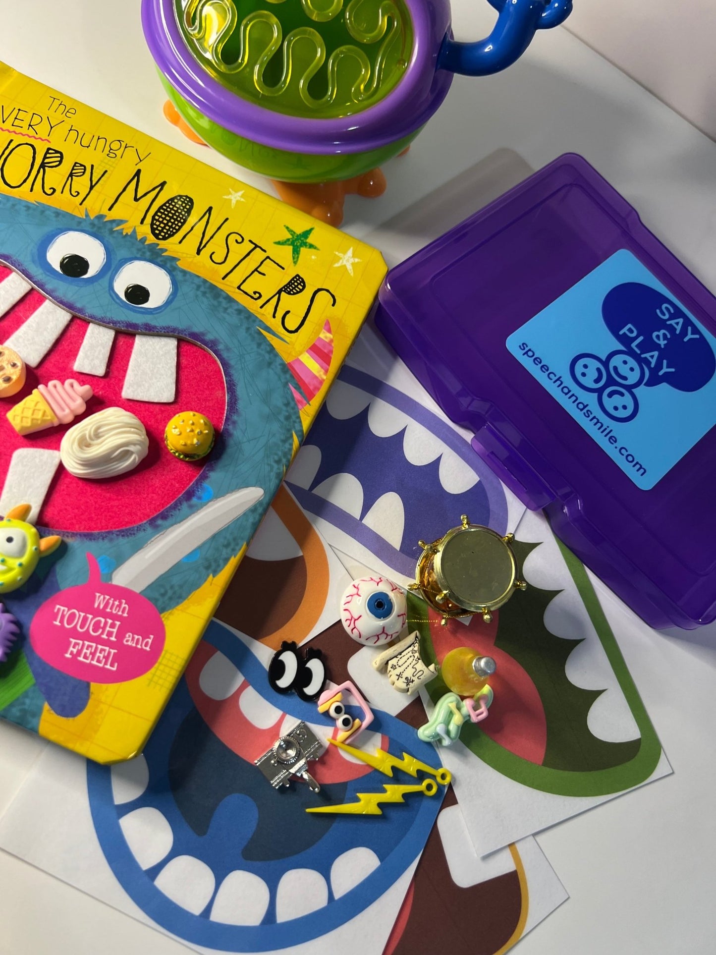 The Very Hungry Worry Monsters Book with Mini Objects - Speech Therapy Trinkets - Speech and Smile