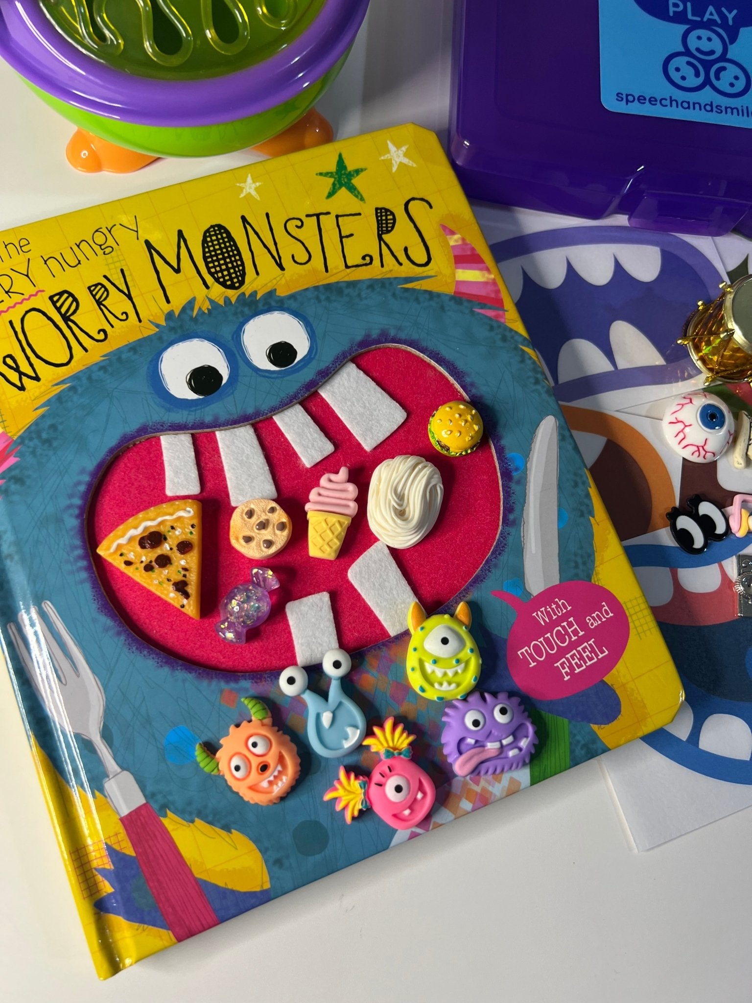 The Very Hungry Worry Monsters Book with Mini Objects - Speech Therapy Trinkets - Speech and Smile