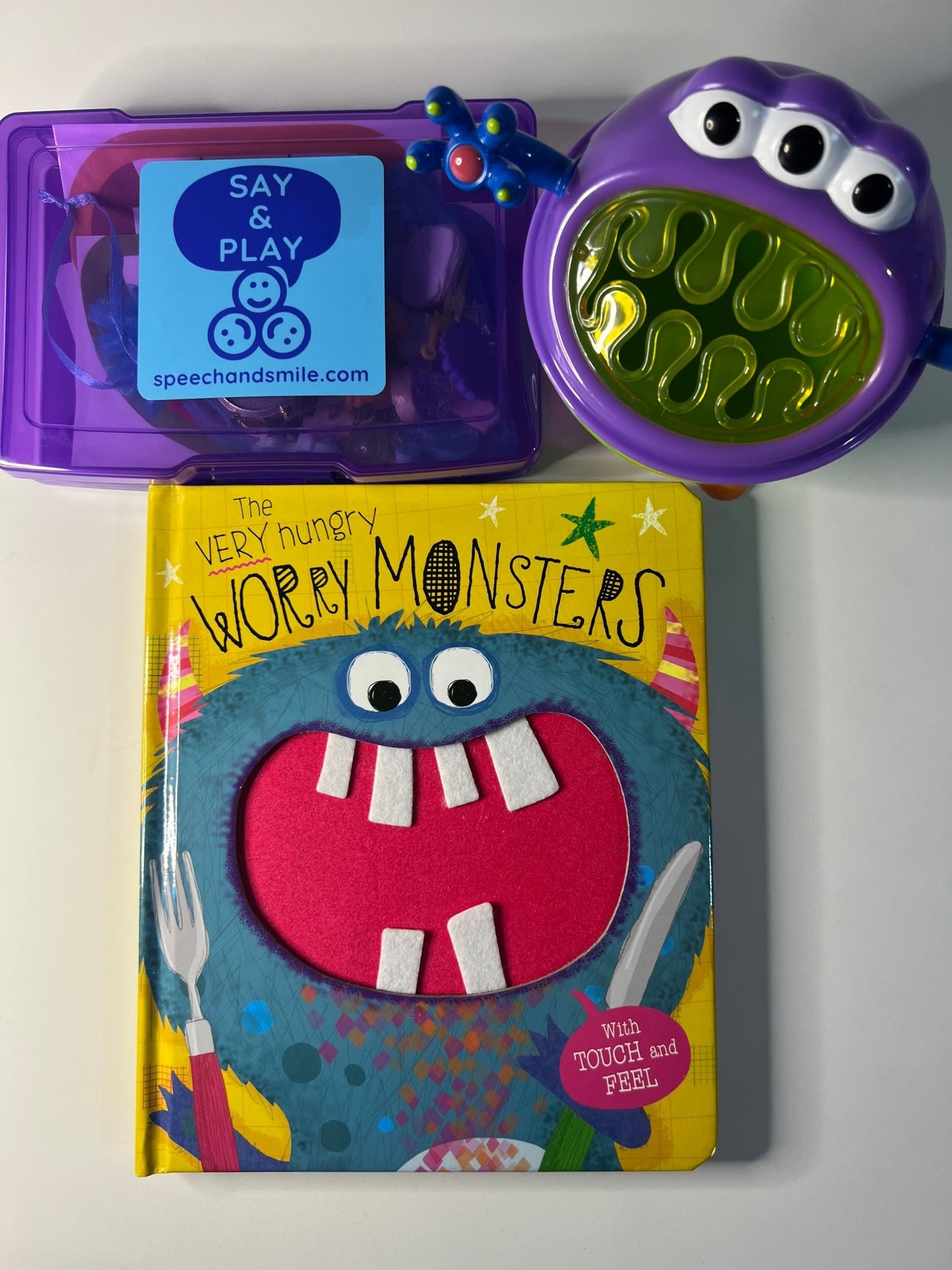 The Very Hungry Worry Monsters Book with Mini Objects - Speech Therapy Trinkets - Speech and Smile