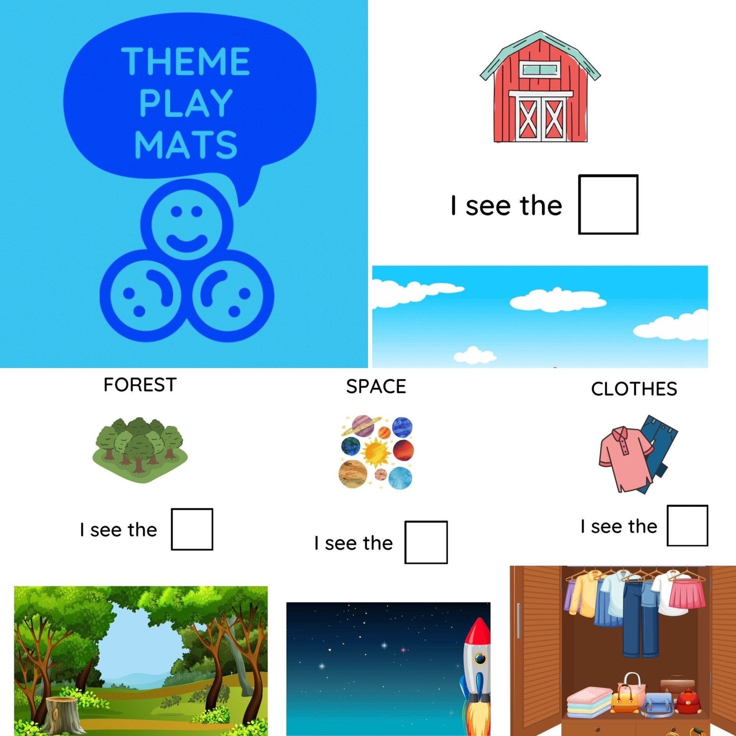 THEME PLAY Mats PRINTABLE - Theme Therapy Play - Printable Theme Play Mats - Speech Therapy Theme Mini Objects - Printable Theme Play Activity - Speech and Smile