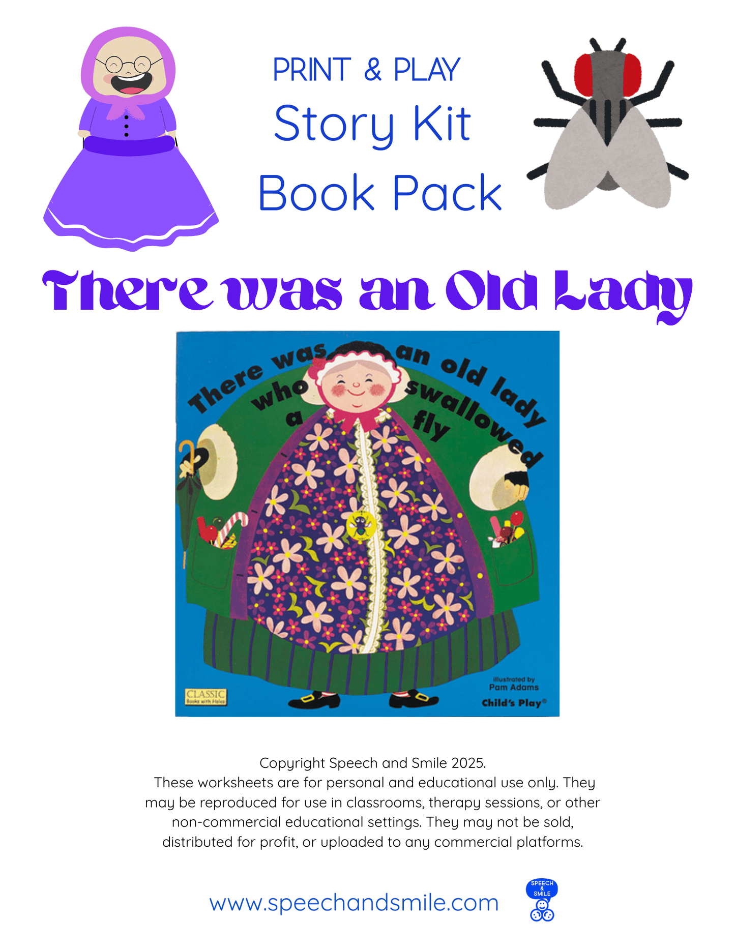 There Was an Old Lady Book Activity - Print and Play Download Activity - Speech and Smile