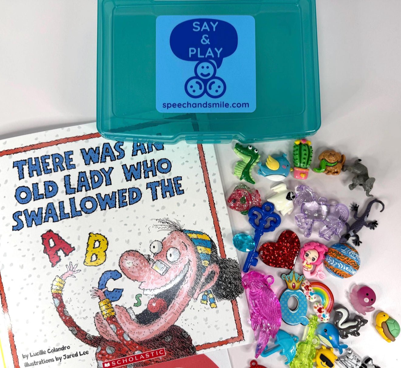 There Was an Old Lady Who Swallowed the Alphabet book with Alphabet Mini Objects - Interactive Story BOOK INCLUDED - Speech and Smile