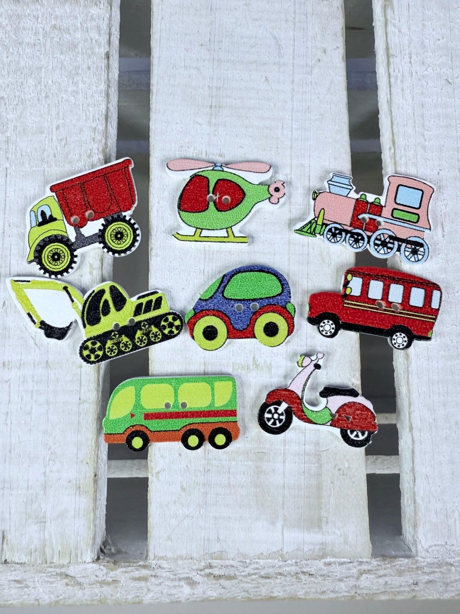 Transportation Trinkets Set of of 8 wood vehicle buttons - Speech and Smile