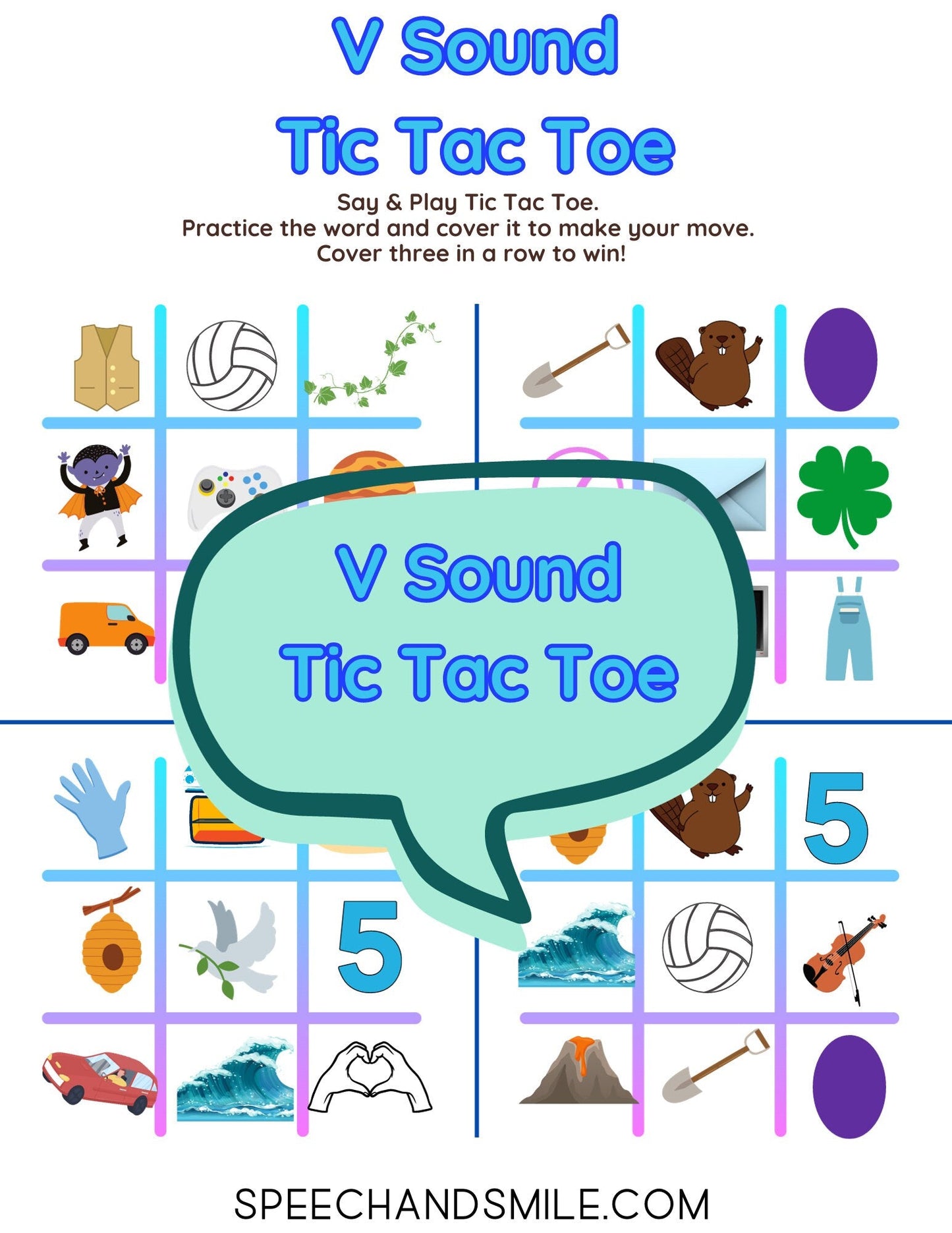 V Sound Tic - Tac - Toe PRINTABLE Speech Sounds Tic - Tac - Toe Print and Play with Speech Therapy Mini Objects - Speech and Smile