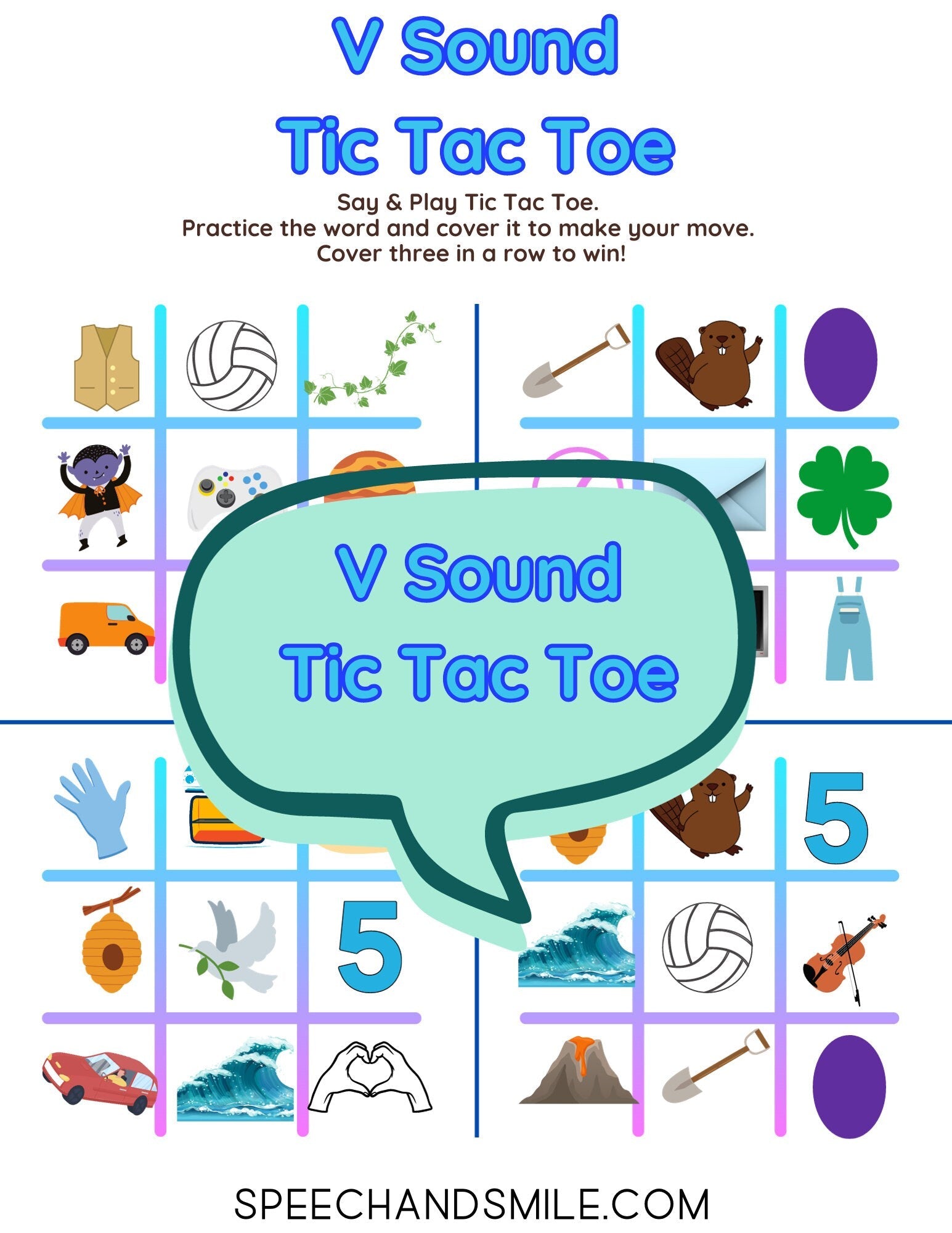 V Sound Tic - Tac - Toe PRINTABLE Speech Sounds Tic - Tac - Toe Print and Play with Speech Therapy Mini Objects - Speech and Smile