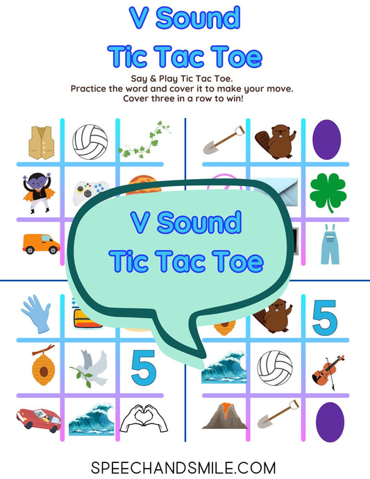 V Sound Tic - Tac - Toe PRINTABLE Speech Sounds Tic - Tac - Toe Print and Play with Speech Therapy Mini Objects - Speech and Smile