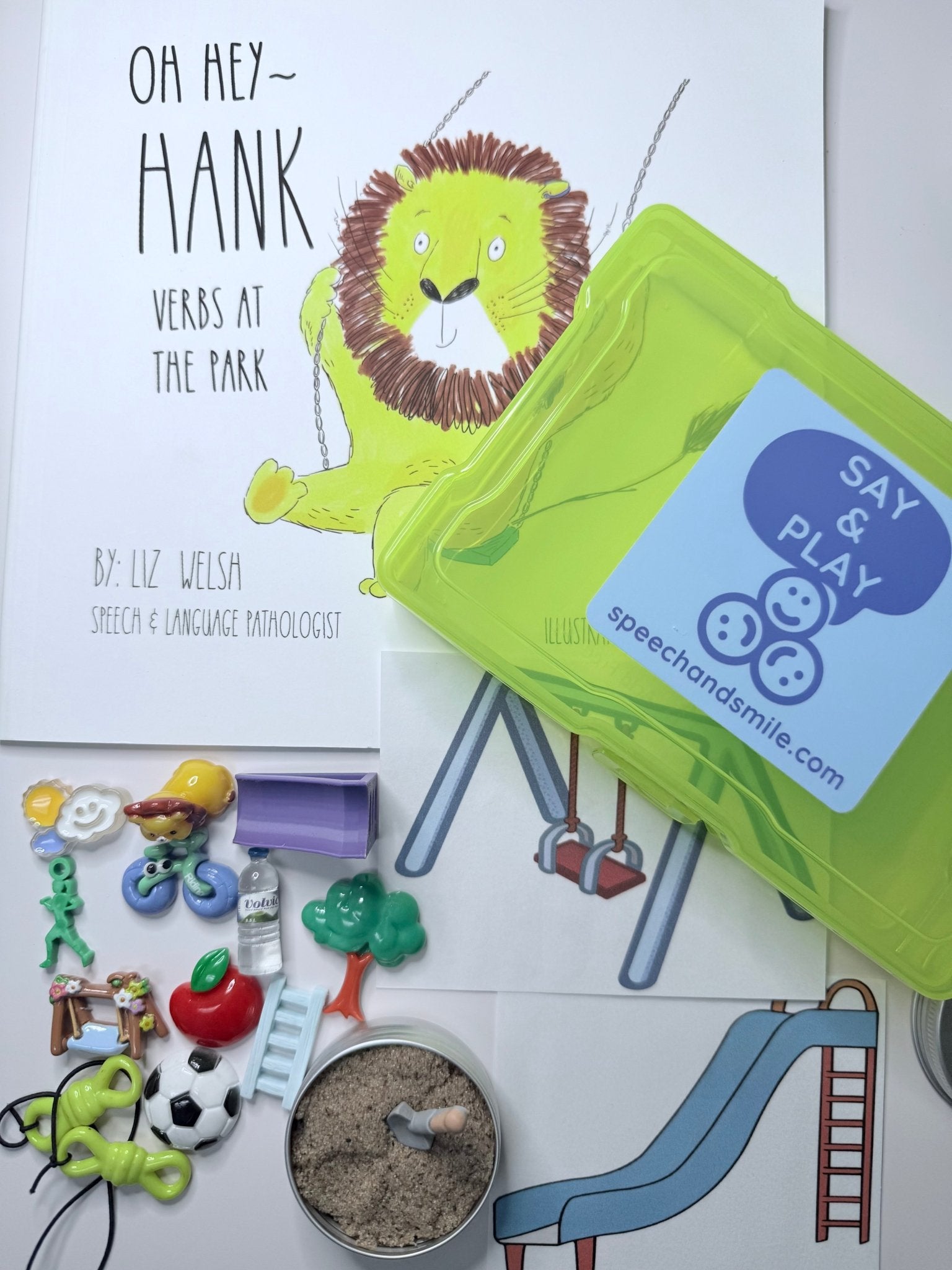 Verbs Story Kit Hey Hank Verbs at the Park Speech Therapy Mini Objects Verb Trinkets Preschool Book with Objects - Speech and Smile