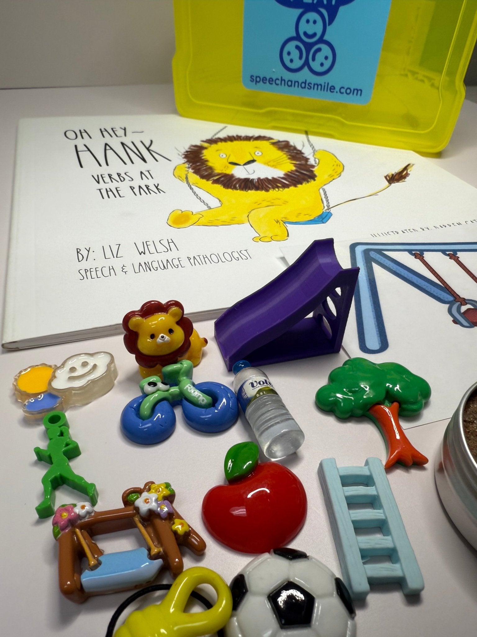 Verbs Story Kit Hey Hank Verbs at the Park Speech Therapy Mini Objects Verb Trinkets Preschool Book with Objects - Speech and Smile