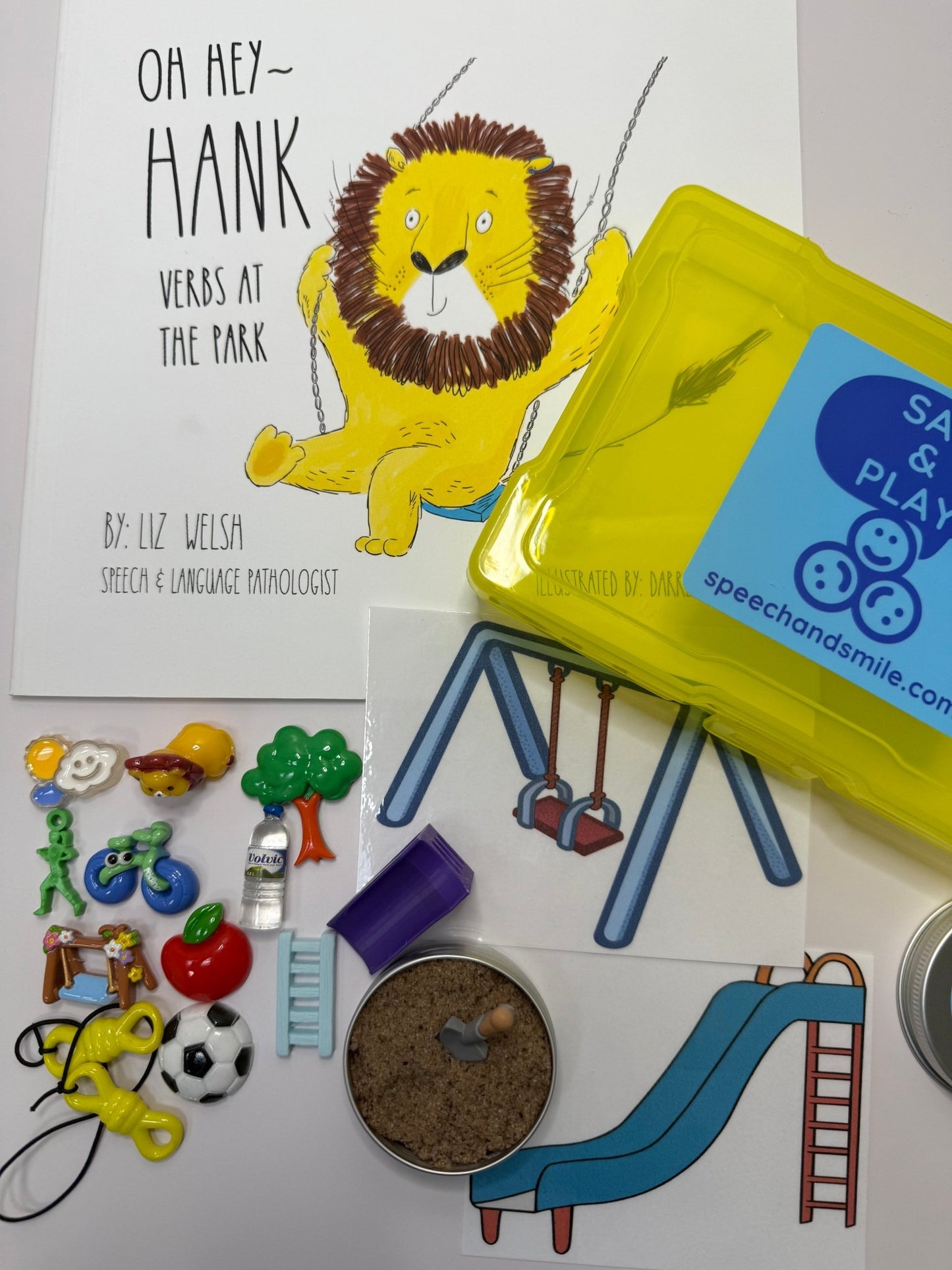 Verbs Story Kit Hey Hank Verbs at the Park Speech Therapy Mini Objects Verb Trinkets Preschool Book with Objects - Speech and Smile