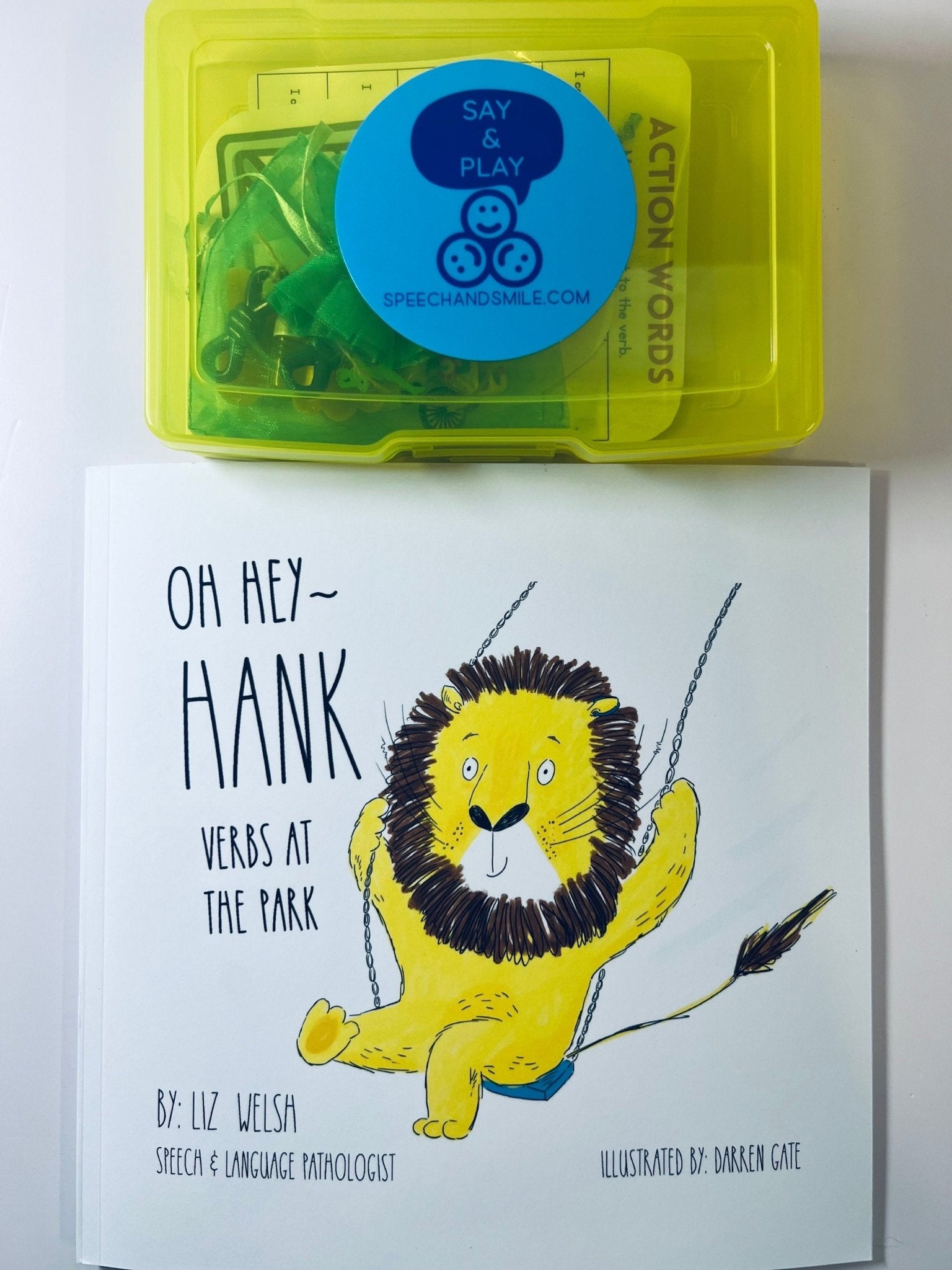 Verbs Story Kit Hey Hank Verbs at the Park Speech Therapy Mini Objects Verb Trinkets Preschool Book with Objects - Speech and Smile