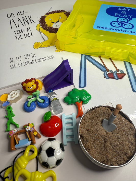 Verbs Story Kit Hey Hank Verbs at the Park Speech Therapy Mini Objects Verb Trinkets Preschool Book with Objects - Speech and Smile