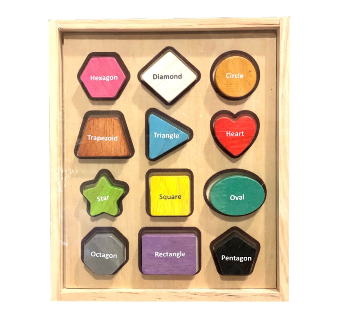Wood Shape Sorter Puzzle 12 Chunky Wood Shapes with Name of Shape Written on Each - Speech and Smile