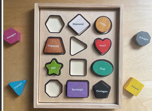 Wood Shape Sorter Puzzle 12 Chunky Wood Shapes with Name of Shape Written on Each - Speech and Smile