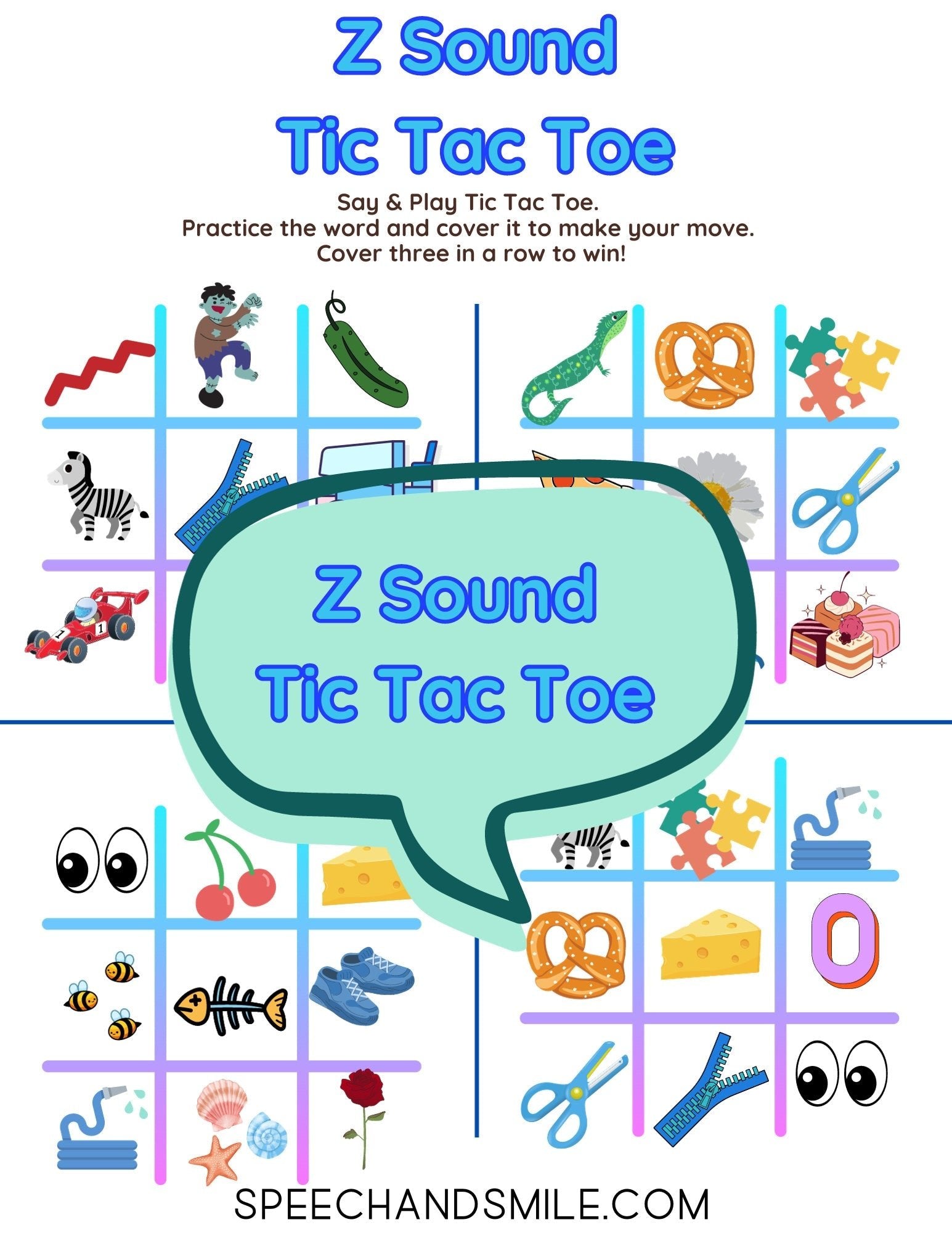 Z Sound Tic - Tac - Toe PRINTABLE Speech Sounds Tic - Tac - Toe Print and Play with Speech Therapy Mini Objects - Speech and Smile